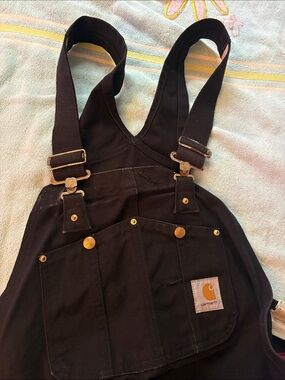 Carhartt Men's Black Red Quilted-Lined Overalls 40x30 Distressed Used Worn